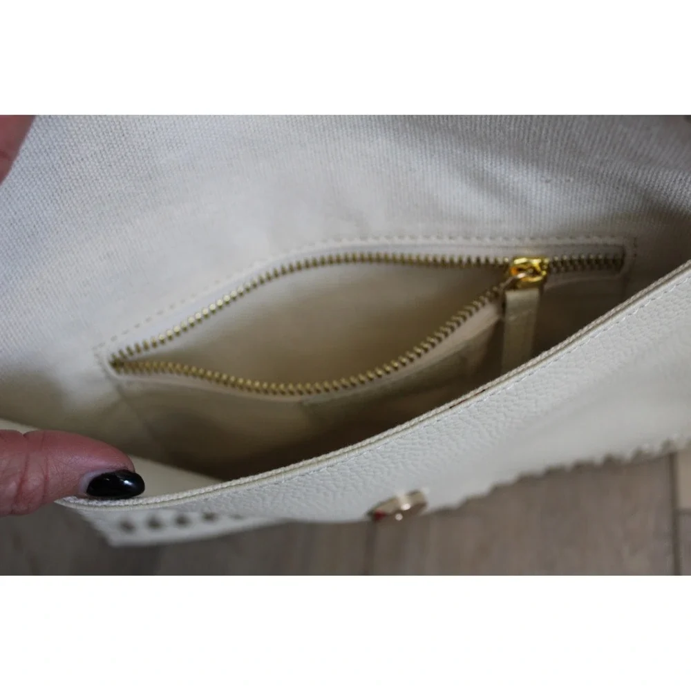 Laggo Cream Pebbled Leather Envelope Clutch Metallic Whipstitch‎ Detail Bag